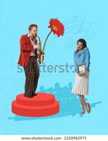 Creative colorful design. Modern art collage. Man playing saxophone with flower in front of beautiful young woman. 8th of March concert Concept of holiday, women's day, beauty. Copy space for ad