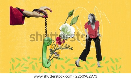 CCreative colorful design. Modern art collage. Beautiful stylish woman receiving phone greetings with women's holiday on vivd yellow background. Flowers. oncept of holiday, women's day, beauty.