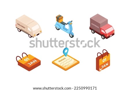Delivery vehicles line option set. Mode of transport. Distribution, logistics, shipping concept. Van, truck, moped, bicycle, scooter,calendar,transport note Vector illustration, flat, clip art.