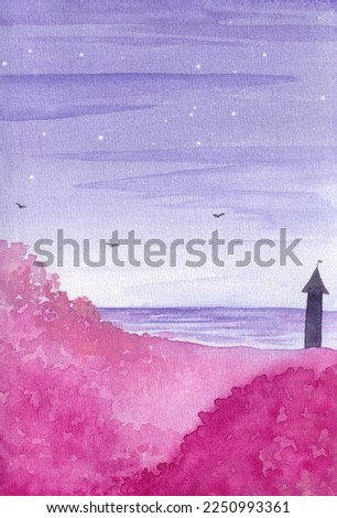 watercolor fantasy landscape with lonely tower and pink forest. wallpaper
