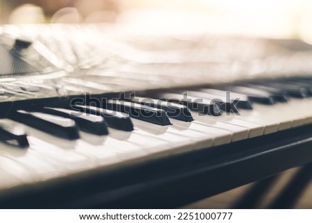 Piano keyboard background was set up in the music room by the windows in the morning to allow the pianist to rehearse before the classical piano performance in celebration of the great success.