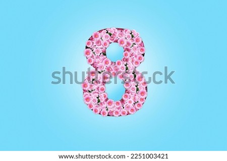 Pink flowers chamomile curtains shape 8 on a blue background. Happy 8 March, cool idea. World Women's Day, Concept