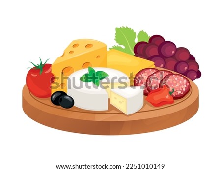 Cheese platter with vegetables and meat on white background vector illustration. Delicatessen on a wooden cutting board icon vector. Various types of cheese and salami drawing Royalty-Free Stock Photo #2251010149
