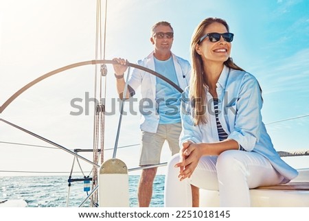Relax, travel and luxury with couple on yacht for summer, love and sunset on Rome vacation trip. Adventure, journey and vip with man and woman sailing on boat for tropical honeymoon at sea Royalty-Free Stock Photo #2251018145