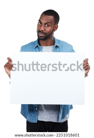 Sign, portrait and black man with poster for mockup, marketing or advertising space in studio isolated on a white background. Product placement, branding and male with banner for mock up or promotion