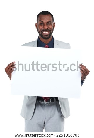 Portrait, businessman or wink for poster billboard deal, marketing space promotion or advertising paper mock up. Happy corporate worker, banner and blank branding mockup on isolated white background