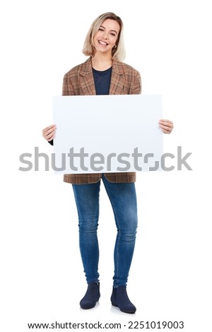 Portrait, poster and woman with sign for mockup, marketing or advertising space in studio isolated on a white background. Branding, product placement and female with banner for mock up or promotion.