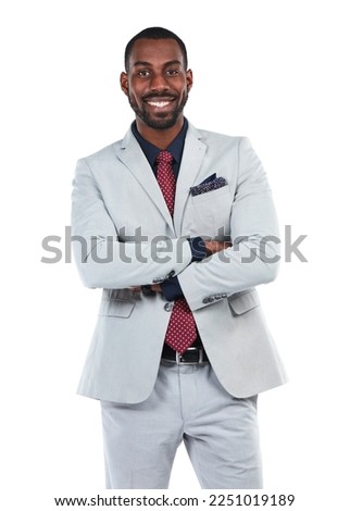 Business man, success and CEO smile in portrait, executive leadership and vision isolated on white background. Black man, black business and arms crossed, corporate boss with career goals mindset
