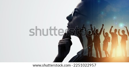 Success of business concept. Positive business. Double exposure of group of multinational businesspeople. Wide angle visual for banners or advertisements. Royalty-Free Stock Photo #2251022957