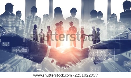 Success of business concept. Positive business. Double exposure of group of multinational businesspeople. Wide angle visual for banners or advertisements. Royalty-Free Stock Photo #2251022959