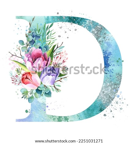 Watercolor LetterD. Spring Watercolor Alphabet. Monogram D with tulips.