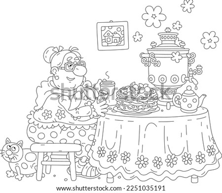 Funny chubby housewife and a merry cat sitting at their kitchen table with a beautiful tablecloth, a teapot and a hot samovar and drinking tea with tasty freshly baked pancakes, vector cartoon