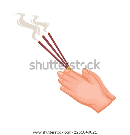 Hand holding incense buddhist praying religion symbol cartoon illustration vector