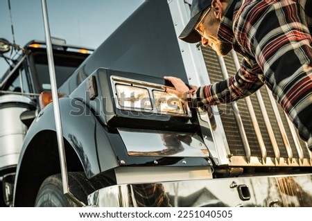 Happy Smiling New Semi Truck Owner. Caucasian Trucker in His 40s Receiving Keys to His New Vehicle. Transportation Industry Theme. Royalty-Free Stock Photo #2251040505