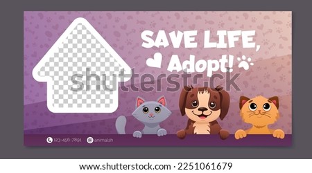 Social media poster design with pet adoption promotion. Adopt me banner with cute dogs, funny cats, paw print patterns. Vector cartoon template for flyer design, web page, posters.