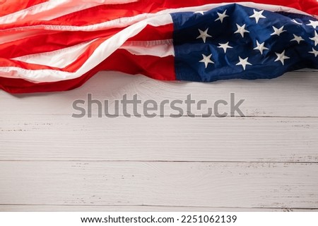 USA flag for Memorial day on abstract white wood background, Banner template design of presidents day concept, above flag of United States American with copy space, Presidents Day, holiday background