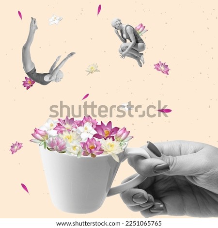 Happy women in swimming suit jumping into huge cup with flowers. Dreams and summer vibes. Contemporary art collage. Inspiration, creativity, ideas and holidays, ad concept.