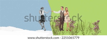 Winter and spring time. Young people and their relationship. Contemporary art collage. Concept of family, love, divorce and lie. Comparison of seasons. Inspiration, creativity, ad concept. Poster