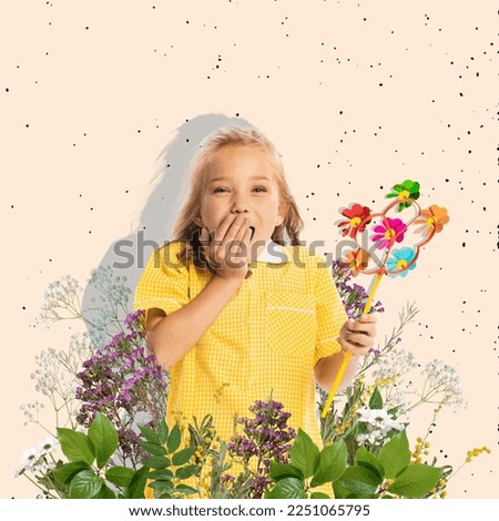 Greeting card with charming surprised girl. Wow emotions. Concept of spring time, happy mood, comparison of seasons. Inspiration, creativity, ad concept. Poster