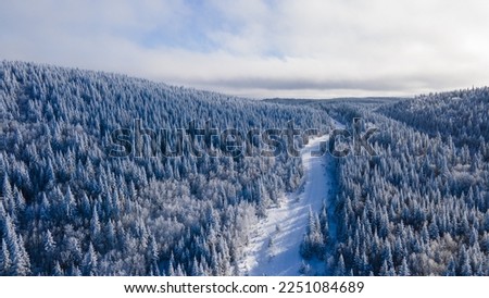Aerial view of a winter road through the snowy boreal forest Royalty-Free Stock Photo #2251084689