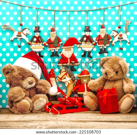 christmas decorations with vintage toys and teddy bear. nostalgic holidays background