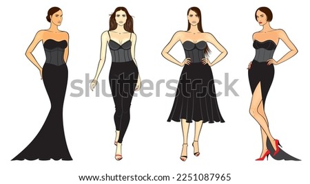 Fashion illustration of outline female models in corset attire, isolated, on white background. Vector set.