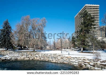 Truckee River in Downtown Reno at Wingfield park after a recent snow storm during winter.