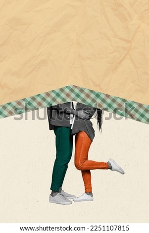Creative photo 3d collage artwork poster postcard of two people no face kissing behind wall isolated on painting background