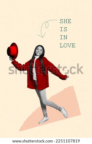 Creative photo 3d collage artwork poster postcard of joyful cute lady fall in love good mood romantic time isolated on painting background