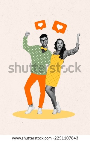 Creative photo 3d collage artwork poster postcard of positive married people celebrate honeymoon isolated on painting background
