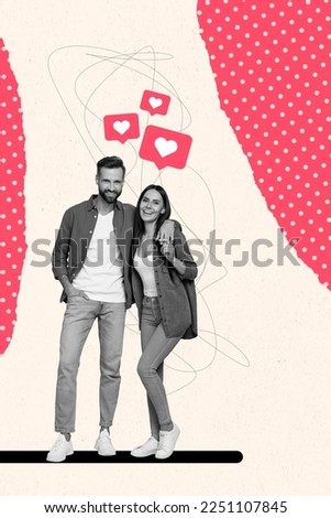 Creative photo 3d collage artwork poster postcard of two happy people enjoy time together embrace cuddle isolated on painting background