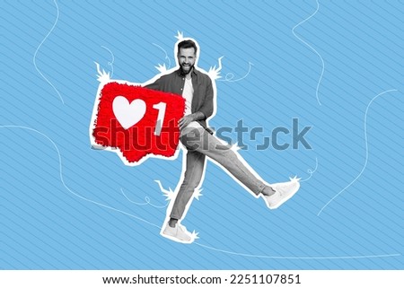 Creative photo 3d collage artwork poster postcard of handsome happy man carrying customer review popularity isolated on painting background