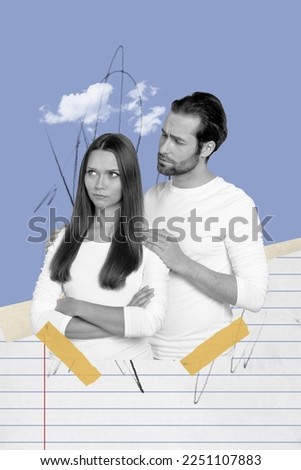 Creative photo 3d collage artwork poster postcard of sad husband hugging wife apologizing sorry me isolated on painting background