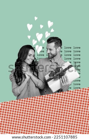 Creative photo 3d collage artwork poster postcard of handsome man hold gift congratulate 8 march isolated on painting background