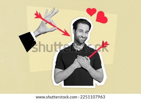 Creative photo 3d collage artwork poster postcard of happy man catch amour arrow fall in love isolated on painting background
