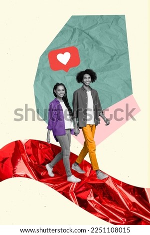 Creative photo 3d collage artwork poster postcard of happy people go red carpet together enjoy walking isolated on painting background