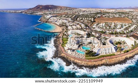Lanzarote island, Playa Blanca resort. aerial drone panoramic view. Canary islands of Spain Royalty-Free Stock Photo #2251109949
