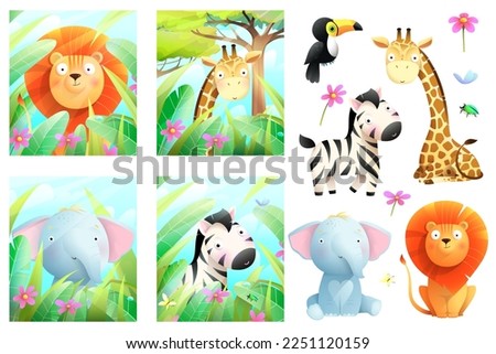 African safari animals big collection in the wild nature and isolated clipart . Colorful jungle wildlife poster or greeting cards collection for kids, clip art cartoon set in watercolor style.