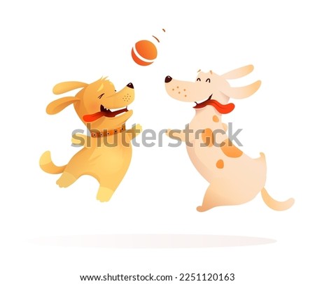 Two dogs best friends playing together, puppy and a dog jumping in the air to catch a ball. Happy doggie pets jumping fetching a ball. Cute illustration for kids.