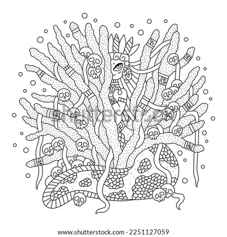 Cute mermaid hiding behind corals. Pretty underwater princess with crown. Little fish girl. Funny cartoon vector illustrations. Coloring page for kids. Black lines. Isolated on white