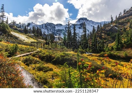 Nature landscapes of Mt Baker Picture Lake and Bagley Lake trail in Autumn.