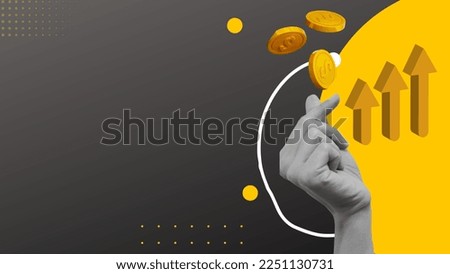 Vector collage illustration of hand holding coins. Business concept. 