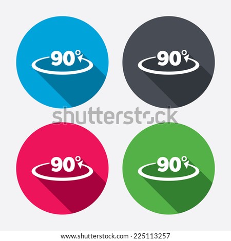 Angle 90 degrees sign icon. Geometry math symbol. Right angle. Circle buttons with long shadow. 4 icons set. Vector