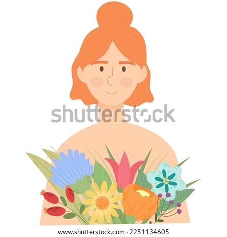 Woman with red hair with bouquet of flowers Happy Women's Day March 8. Vector illustration of a date, women and a bouquet of flowers.