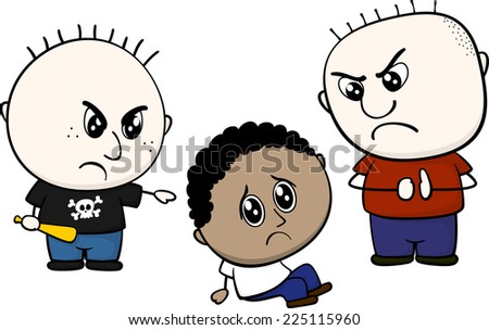 cartoon illustration of two children bullying and teasing minority child, isolated on white background