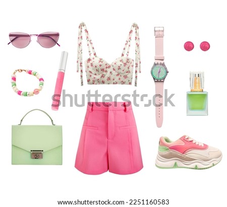 Summer women's clothes set isolated. Female spring clothing, green pink color apparel and accessories. Collection of girl's garment.  Royalty-Free Stock Photo #2251160583