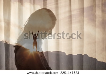 Woman facing her fears feeling inspired, and finding inner strength concept. double exposure. Royalty-Free Stock Photo #2251161823