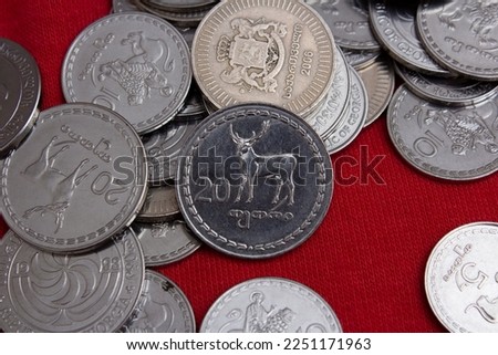 Ηandful of Georgian coins on red textile background. 20 tetri. Coin with image of deer. Concept of paying for purchases, electricity bills. Buying gift. Small budget. Money of Georgia. Cash. Bank. Pay