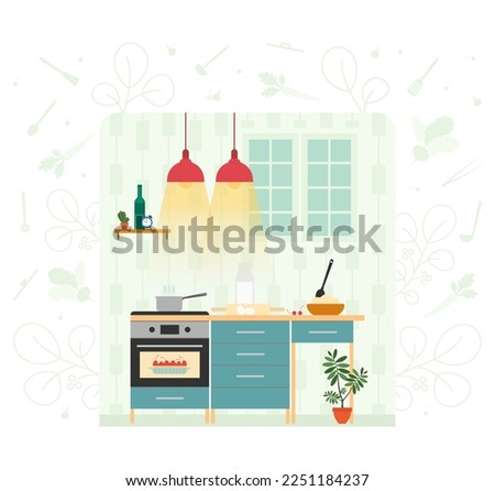 Kitchen interior flat style vector illustration. Vintage home furniture retro color house decoration clip art