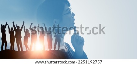 Success of business concept. Positive business. Double exposure of group of multinational businesspeople. Wide angle visual for banners or advertisements. Royalty-Free Stock Photo #2251192757